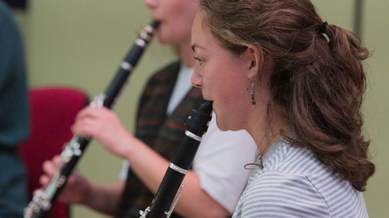 Two female musicians playing the clarinet
