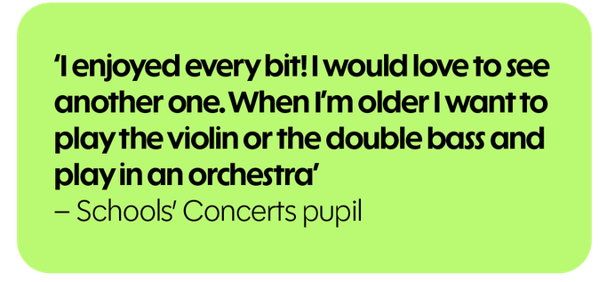 I enjoyed every bit! I would love to see another one. When I'm older I want to play the violin or the double bass and play in an orchestra' - Schools' Concerts pupil