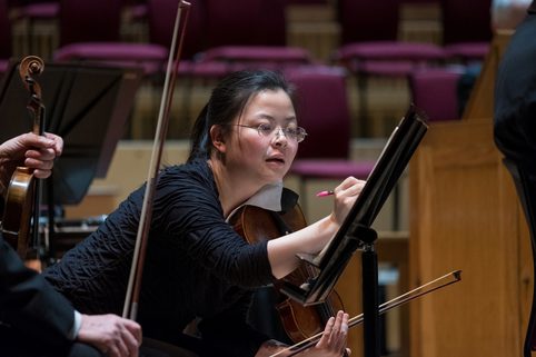 Violinist making notes on the music