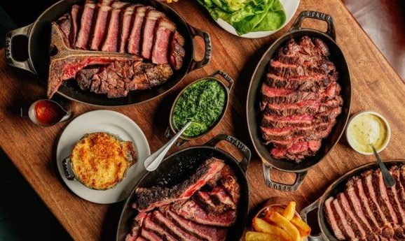 Overhead image of steaks with sides