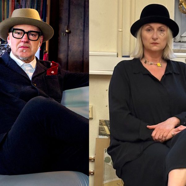 Two side-by-side images. One a white man in a black suit with black framed glasses and a tan hat. Another a white woman with blonde hair, wearing black in a black bowler hat.