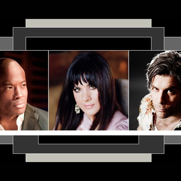 Three separate images of Shaun Esoffery, Rumer and Ed Harcourt in a horizontal line with a black background