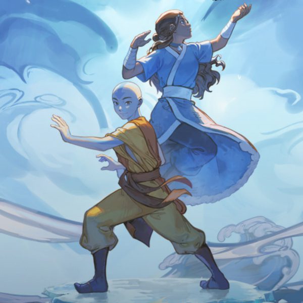 Illustration of two Avatar characters facing away from each other with their arms forward with blue and white clouds in the background