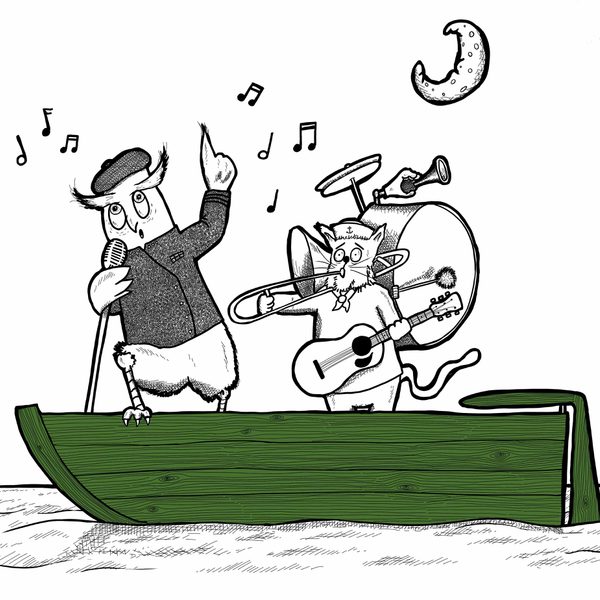 Illustration of a green wooden boat with a singing owl and a cat playing guitar