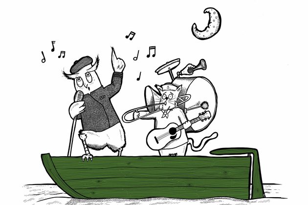 Illustration of a green wooden boat with a singing owl and a cat playing guitar