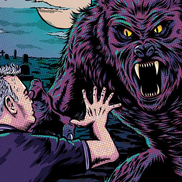 Illustration of a large purple wolf baring its teeth at a man with short grey hair and holding his arms out in fear