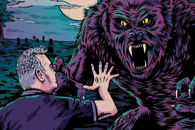 Illustration of a large purple wolf baring its teeth at a man with short grey hair and holding his arms out in fear