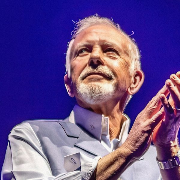 David Essex, a white man with short grey hair and a beard, clapping his hand in front of a dark blue background