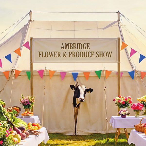 A cow sticking its head out of a large white tent decorated with colourful bunting and bouquets of flowers