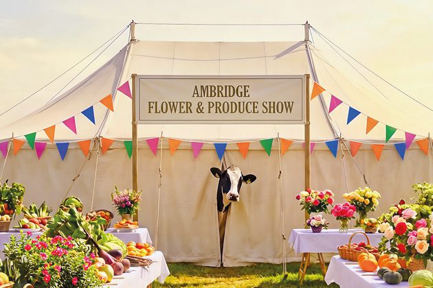 A cow sticking its head out of a large white tent decorated with colourful bunting and bouquets of flowers