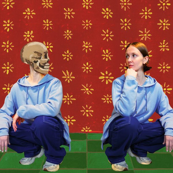 An illustration of Frankie Archer, a white woman with short brown hair, crouching down and looking at a body double with a skull for a head