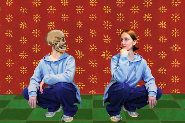 An illustration of Frankie Archer, a white woman with short brown hair, crouching down and looking at a body double with a skull for a head
