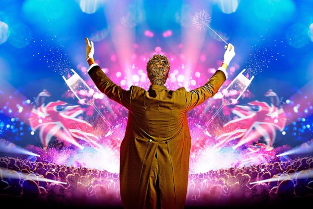 Back of conductor in tails, with pink and blue colours and union jack and audience imagery visible in front