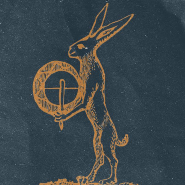 Illustration of a golden hare holding a cymbal and a baton