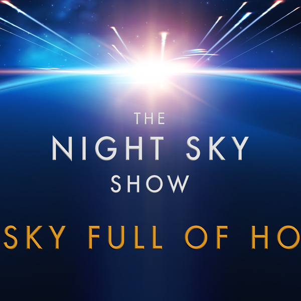 An illustrated image of a planet with a bright star above it, there is white and gold text in front of the planet that says The Night Sky Show A Sky Full of Hope