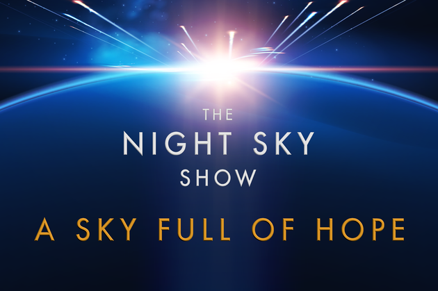 An illustrated image of a planet with a bright star above it, there is white and gold text in front of the planet that says The Night Sky Show A Sky Full of Hope
