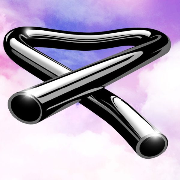 Iconic twisted Tubular Bells image, against a blue sky and pink clouds