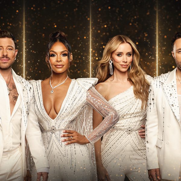 Duncan James, Samantha Mumba, Una Healy and Antony Costa standing in a line wearing sparkly white clothes and looking at the camera.