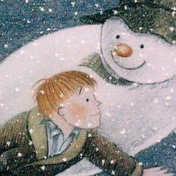 Cartoon drawing of a snowman wearing a green hat, flying through the sky with a young ginger boy wearing a green dressing gown