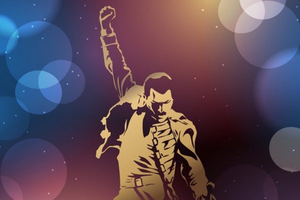 Gold outline illustration of Freddie Mercury with his arm in the air