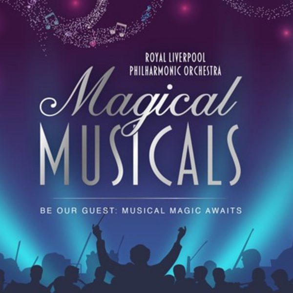 An illustrated graphic of a black outline of orchestra with purple and blue hue lighting and silver swirled patterns