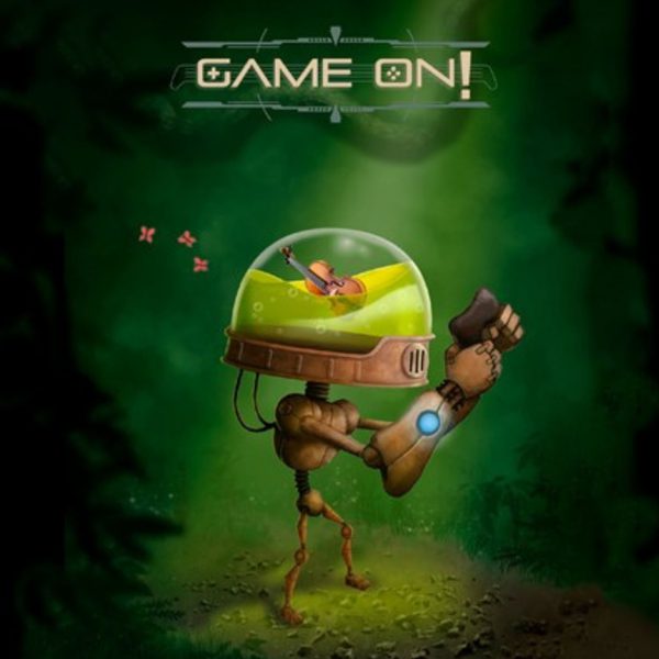 An illustration of a small brown robot with a violin in its head, lit by a green spotlight