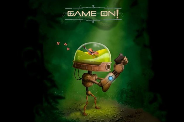 An illustration of a small brown robot with a violin in its head, lit by a green spotlight