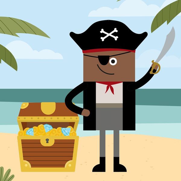 A cartoon of a pirate holding a sword in the air stood next to a treasure chest on an island