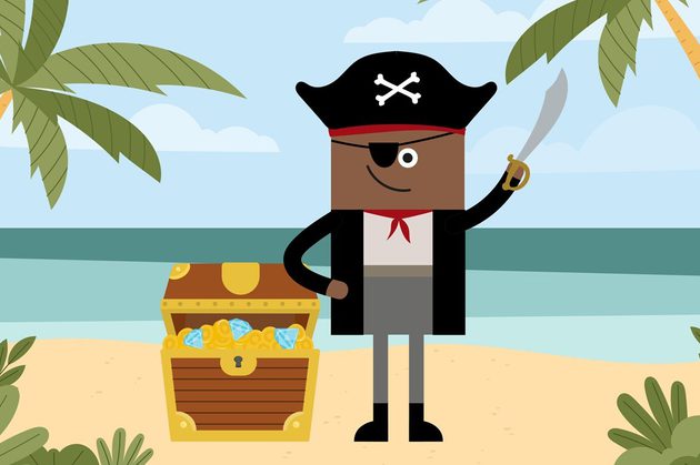A cartoon of a pirate holding a sword in the air stood next to a treasure chest on an island
