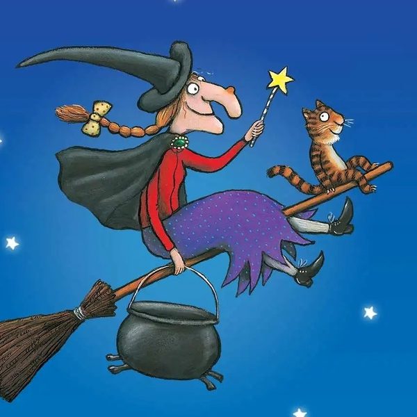 Cartoon of a witch flying on a broom with a dog, cat, frog and bird