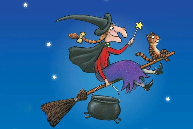 Cartoon of a witch flying on a broom with a dog, cat, frog and bird
